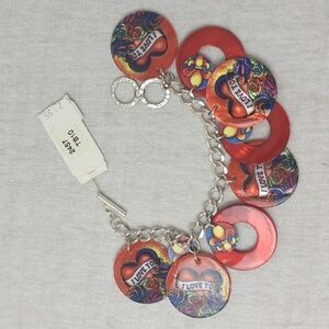 Bangle Bracelet With Tattoo Style Artwork I LOVE YOU Hearts Roses NWT